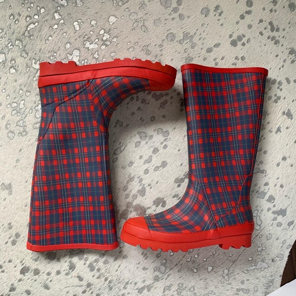Worn once j crew wellies. Red plaid. Lined. Size 9